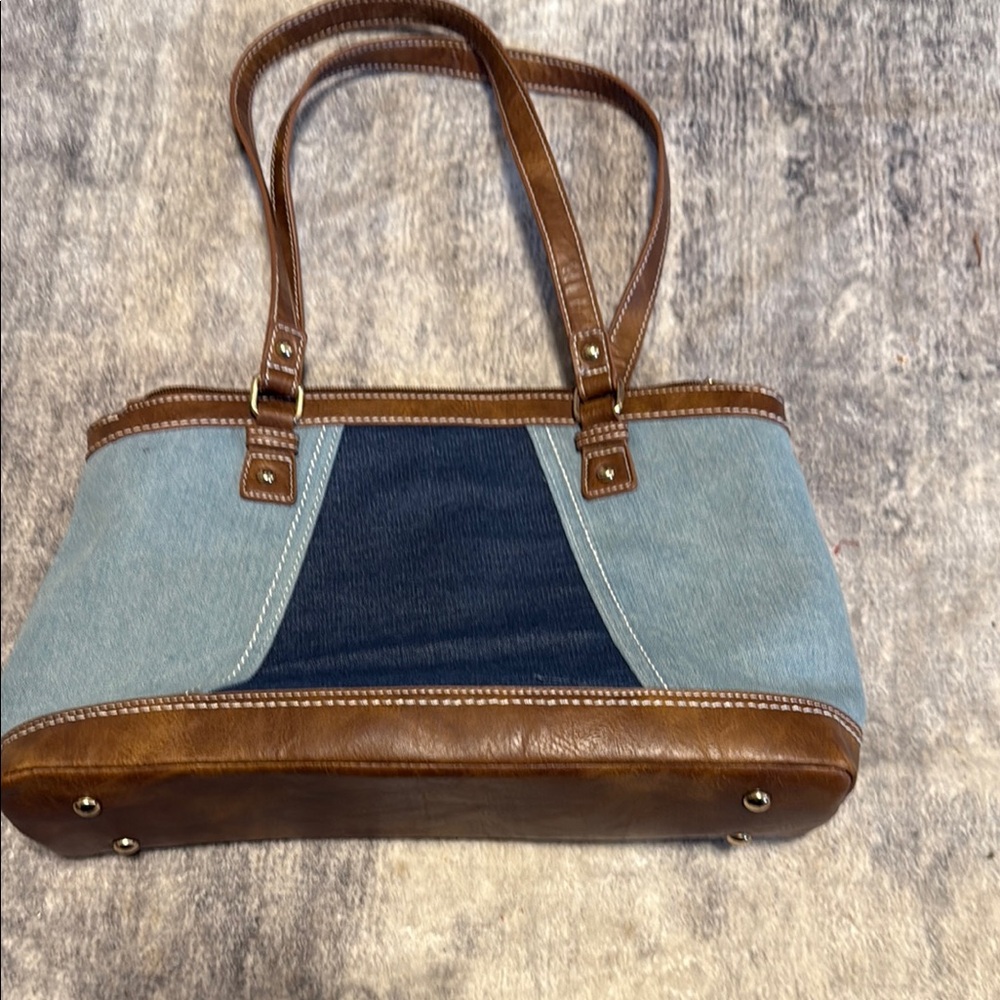 Brown and Blue Denim Shoulder Bag with Leather Trim
